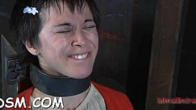 Is her caged shaved pussy begging for rough pounding?