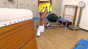 her cheerleader cosplay gets wild as this asian babe bends over for group doggystyle titty fuck action