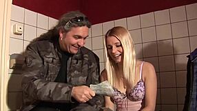 Blond Amsterdam hooker takes tourist cumshot after bent over doggystyle pounding.