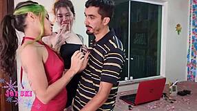 Curvy Brazilian hairy pussy roommates deepthroat tech's monster cock cum swallow