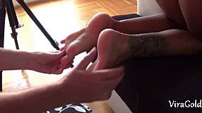 Camilla's beautiful feet get jerked off and covered in hot cum