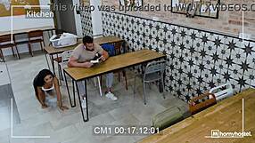 squirting brunette fucks roommate in dorm nearly caught by janitor part 1