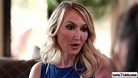 Stepmom fingers petite stepdaughter's shaved pussy right in front of oblivious guest