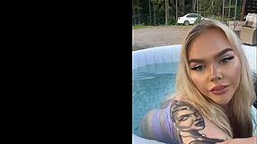 gringa with big tits lounging by the pool in sexy lingerie