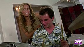 Lucky guy bangs skinny blonde babe after drums handjob tease