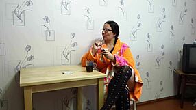 chubby milf rubs shaved pussy with food fetish breakfast play