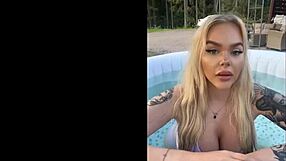 gringa with big tits lounging by the pool in sexy lingerie