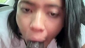 giving him a sloppy deepthroat blowjob in the car before friends arrive - our amateur fun