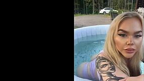 gringa with big tits lounging by the pool in sexy lingerie