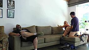 unfaithful wife bends over for friend's bareback doggystyle next to cuckold husband