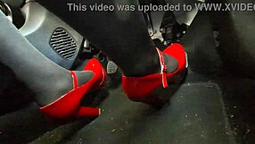 Redhead in heels and leggings pumps pedals to office secretly