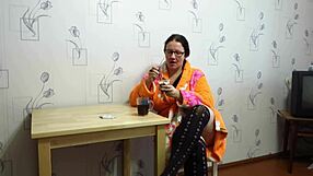 chubby milf rubs shaved pussy with food fetish breakfast play