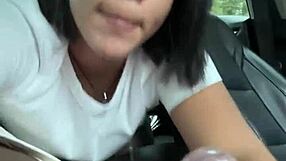 giving him a sloppy deepthroat blowjob in the car before friends arrive - our amateur fun