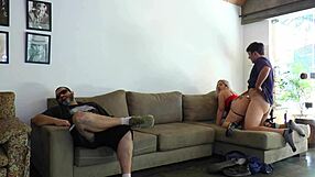 unfaithful wife bends over for friend's bareback doggystyle next to cuckold husband