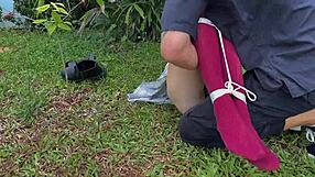 Caressing her dirty outdoor socks feels so teasingly good