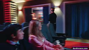 Girlfriend Bored in Cinema Sucks Boyfriend's Cock Publicly