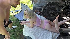 Eva Barbie chokes on Leo Casanova's monster cock before rough anal creampie and ass to mouth in uncensored backstage