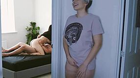 Horny housewife spies on stepbrother then gets caught fucking in kinky ffm threesome