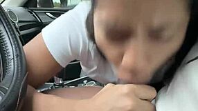giving him a sloppy deepthroat blowjob in the car before friends arrive - our amateur fun
