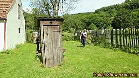 babe drenched in jizz unleashes golden shower outdoors