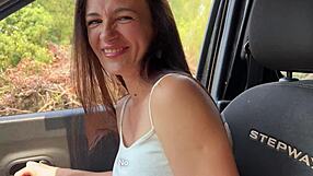 Petite brunette bends over for stranger's doggystyle anal creampie outdoors