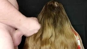 cumshot on stepmom's long hair closeup she swallows