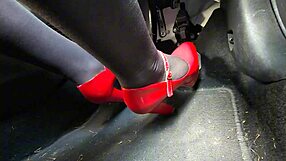 Redhead in heels and leggings pumps pedals to office secretly