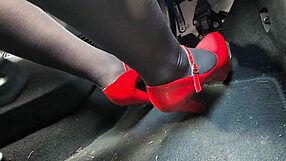 Redhead in heels and leggings pumps pedals to office secretly