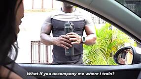 busty brunette spots huge cock jogger and drags him inside