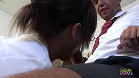 sexy teacher grabs student's throbbing boner fucks him senseless on desk!