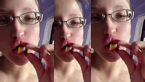she chews loudly in glasses her huge tall frame indulging food fetish cravings