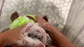Stepsister Jerks Stepsis Cock in Steamy Shower Closeup