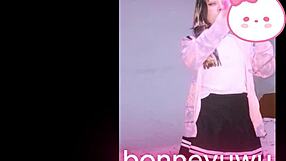 Bonneyuwu the cute petite Argentinian teen masturbates on bed in skirt