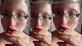 she chews loudly in glasses her huge tall frame indulging food fetish cravings