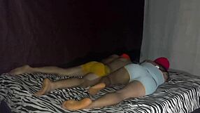 stepmom and stepson pause on bed then ghost joins for wild threesome fucking the pair