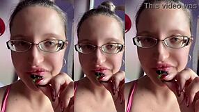 she chews loudly in glasses her huge tall frame indulging food fetish cravings