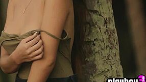 Petite brunette teen model poses naturally with big tits outdoors at photoshoot