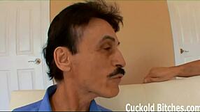she turns her old hubby into a humiliated cuckold slave under her big tits domination