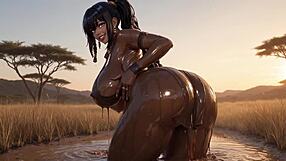 สาวดำอวบนมยักษ์เปื้อนโคลนพ่นนมรด