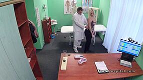 Blonde nurse spies doctor pounding patient before ass cumshot reveal