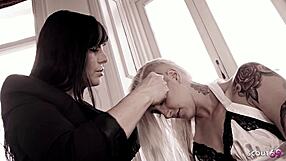 Slim Blonde Crazy Girl Endures Hard Strapon by Busty Mature