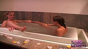 two hot tanned spring breakers kiss naked in bathroom tub