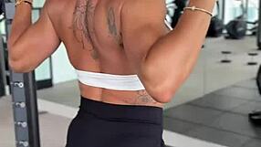 fit blonde denise anders teases her juicy tits and pussy during this sweaty workout session
