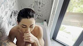 whoa massive cumshot hits face after bathtub blowjob fun
