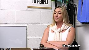 Blonde cougar trembles with desire for officer's fat dick desk pounding