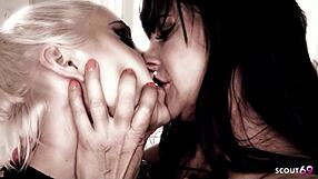 Slim Blonde Crazy Girl Endures Hard Strapon by Busty Mature