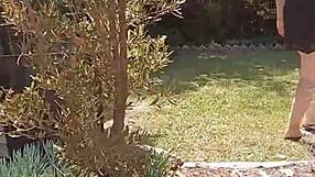 mature wife flashes shaved pussy in secret outdoor garden