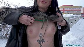 Blue Eyed Babe Sucks Fat Cock in Snowy Public Blowjob!