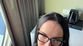 Velvet dressed brunette milf by window bends over for doggystyle cum on ass
