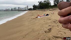 Babe can I cum on your small natural tits during public beach flashing handjob?